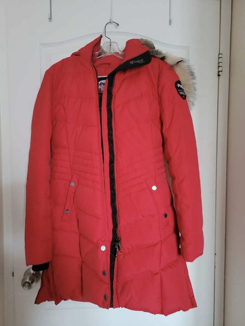 Pajar Red Quilted Long Puffer Coat With Faux Fur Trim
